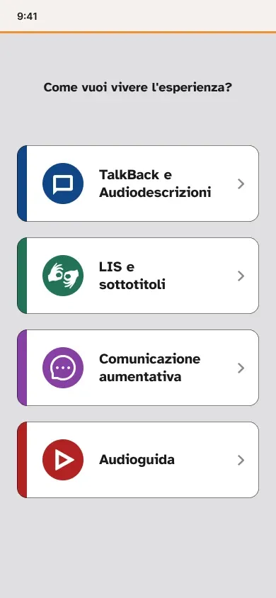Schermata «Come vuoi vivere l’esperienza?» con le quattro modalità: TalkBack e audiodescrizioni, LIS e sottotitoli, Comunicazione aumentativa, Audioguida