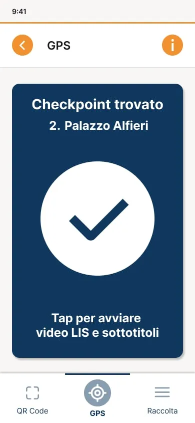 Schermata «Checkpoint trovato: 2. Palazzo Alfieri», con l’invito ad avviare video LIS e sottotitoli