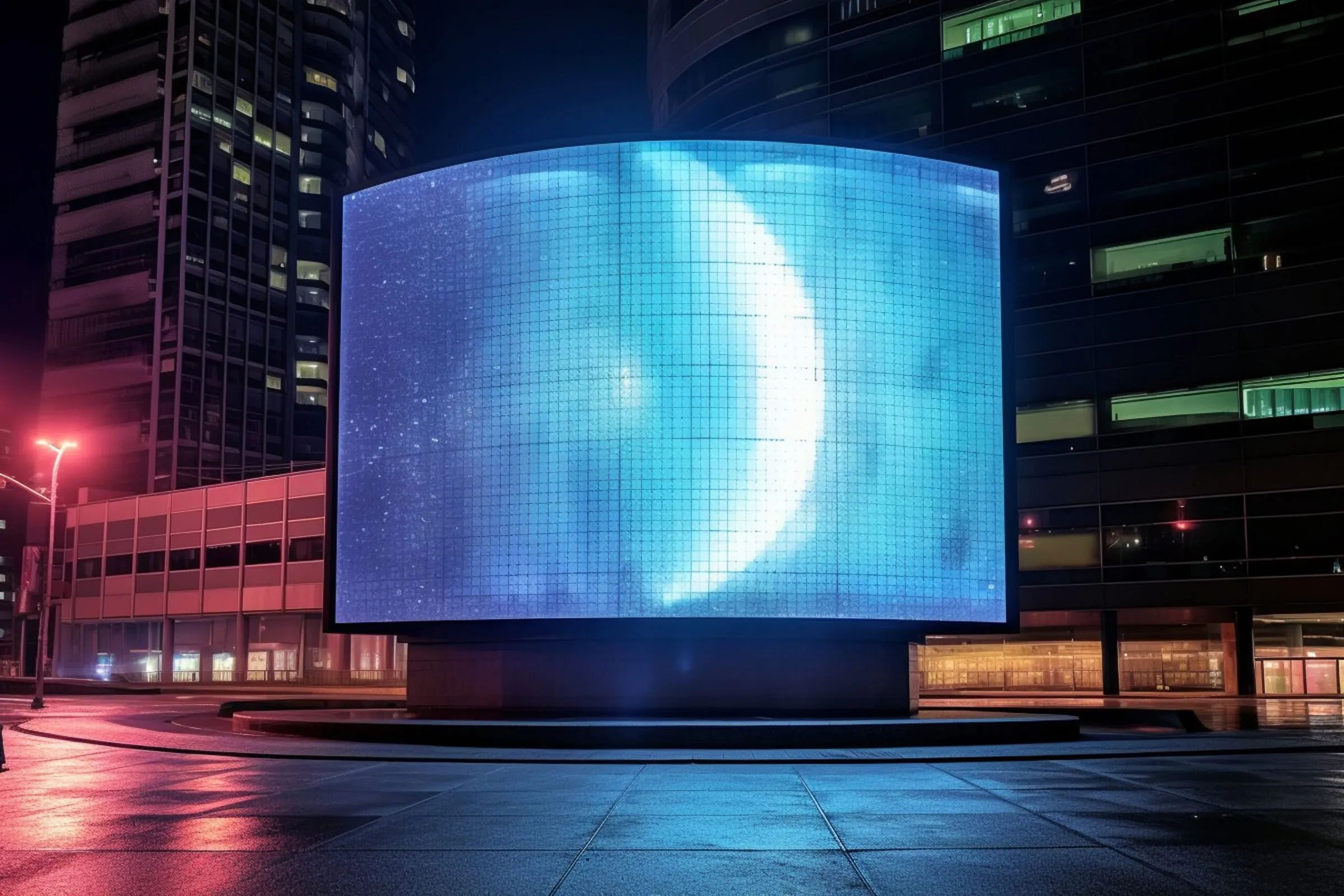 شاشة LED كبيرة منحنية تلتف حول قاعدة مبنى وعليها صورة قمر